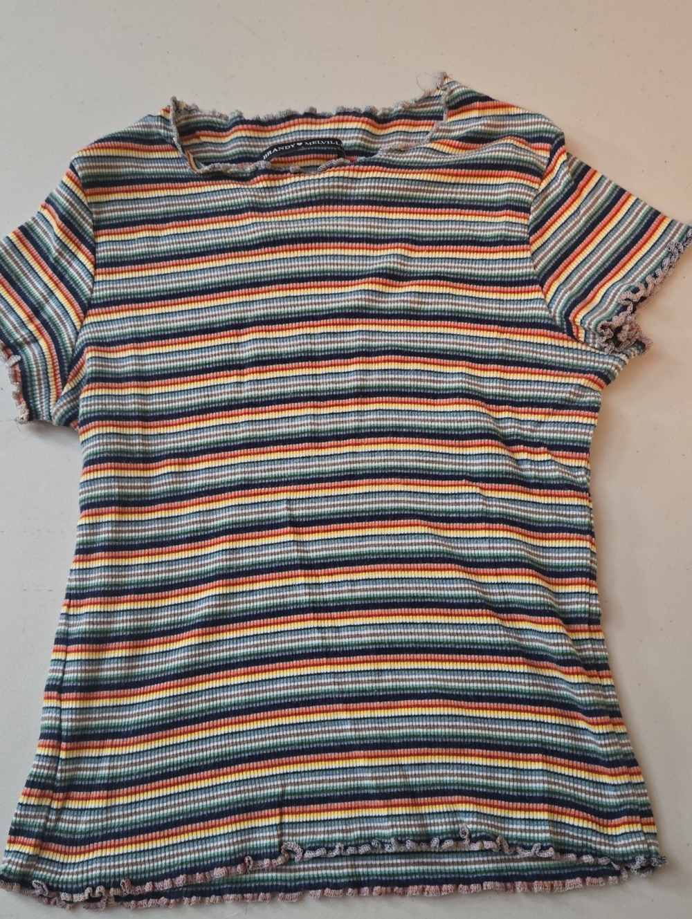 Brandy Melville Striped Ruffle Lettuce Edge Tee Crop Top XS